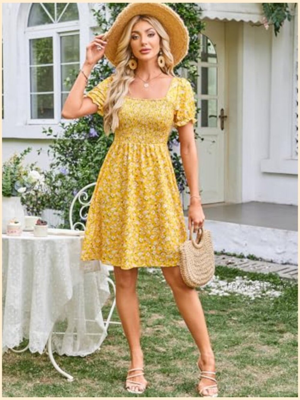 Women's Square Neck Short Puff Sleeve Floral Smocked Swing Dress with Pockets - Picture 6 of 7